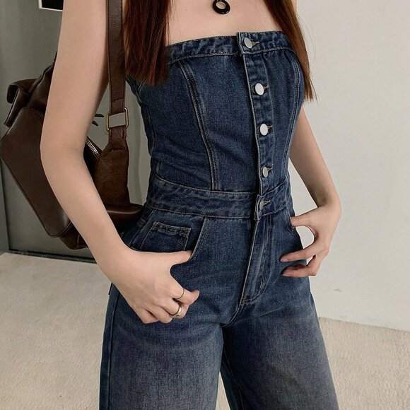 Medium Wash Casual Women's Button Front Pocket Wide Leg Halter Denim Jumpsuit - Picture 6 of 6